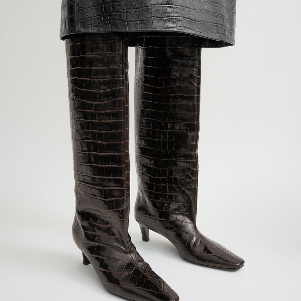 Toteme Dark Brown Croc-Embossed Over-the-Knee Boots